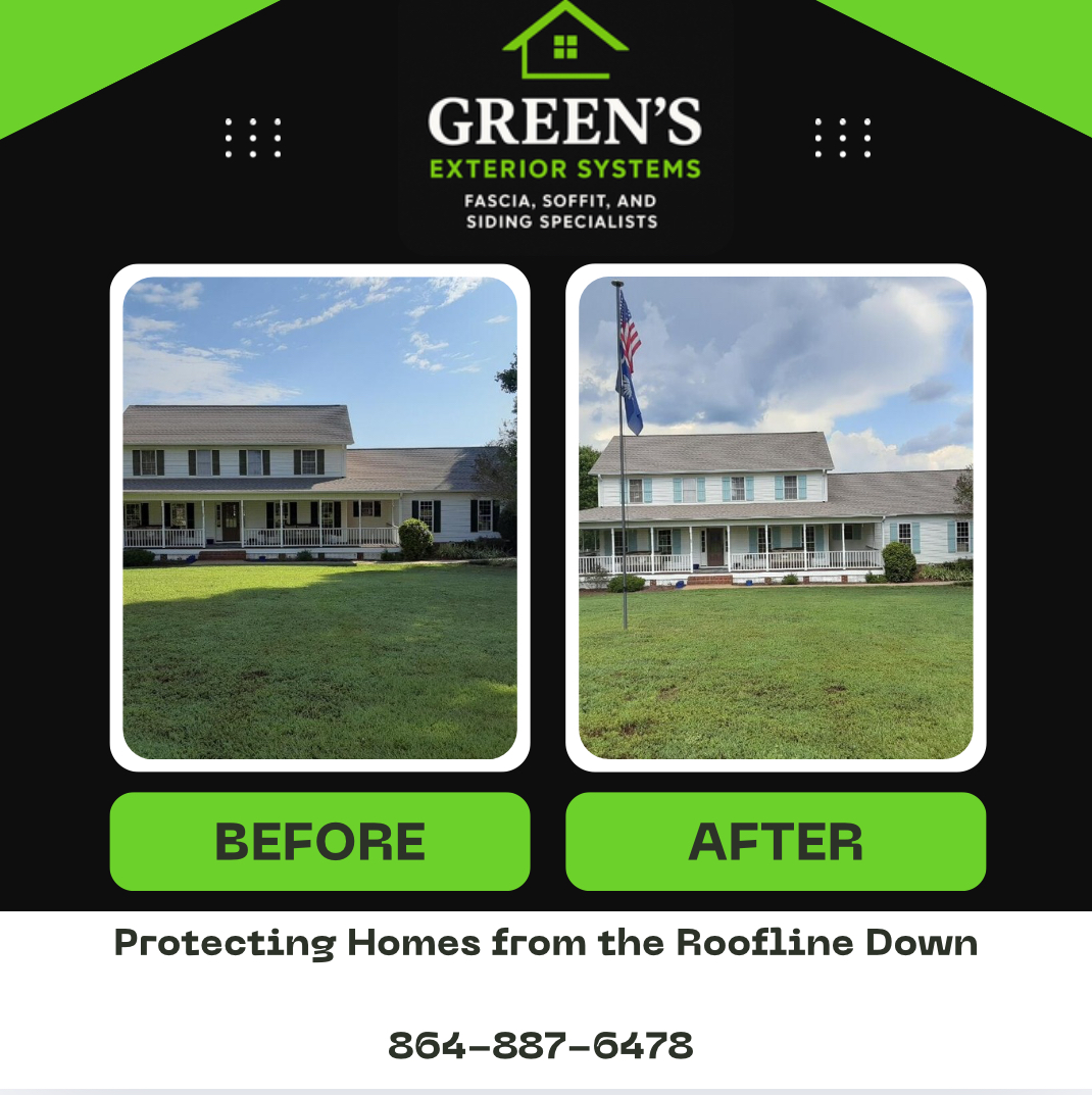 Before and after fascia and soffit repair on large two-story home in Anderson, SC