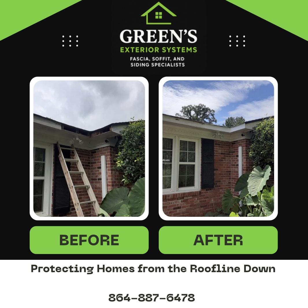 Before and after fascia and soffit repair over brick porch