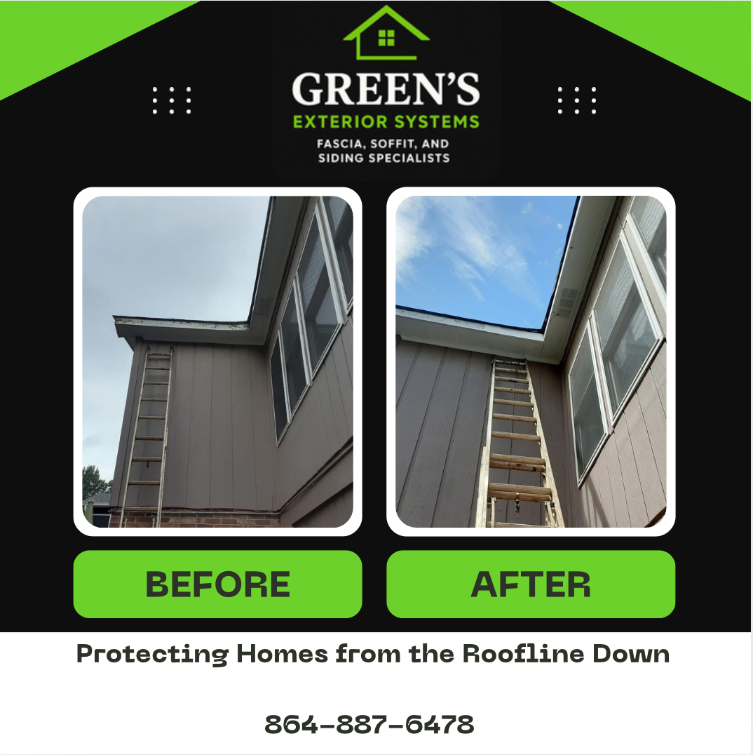 Before and after soffit and fascia replacement on side elevation