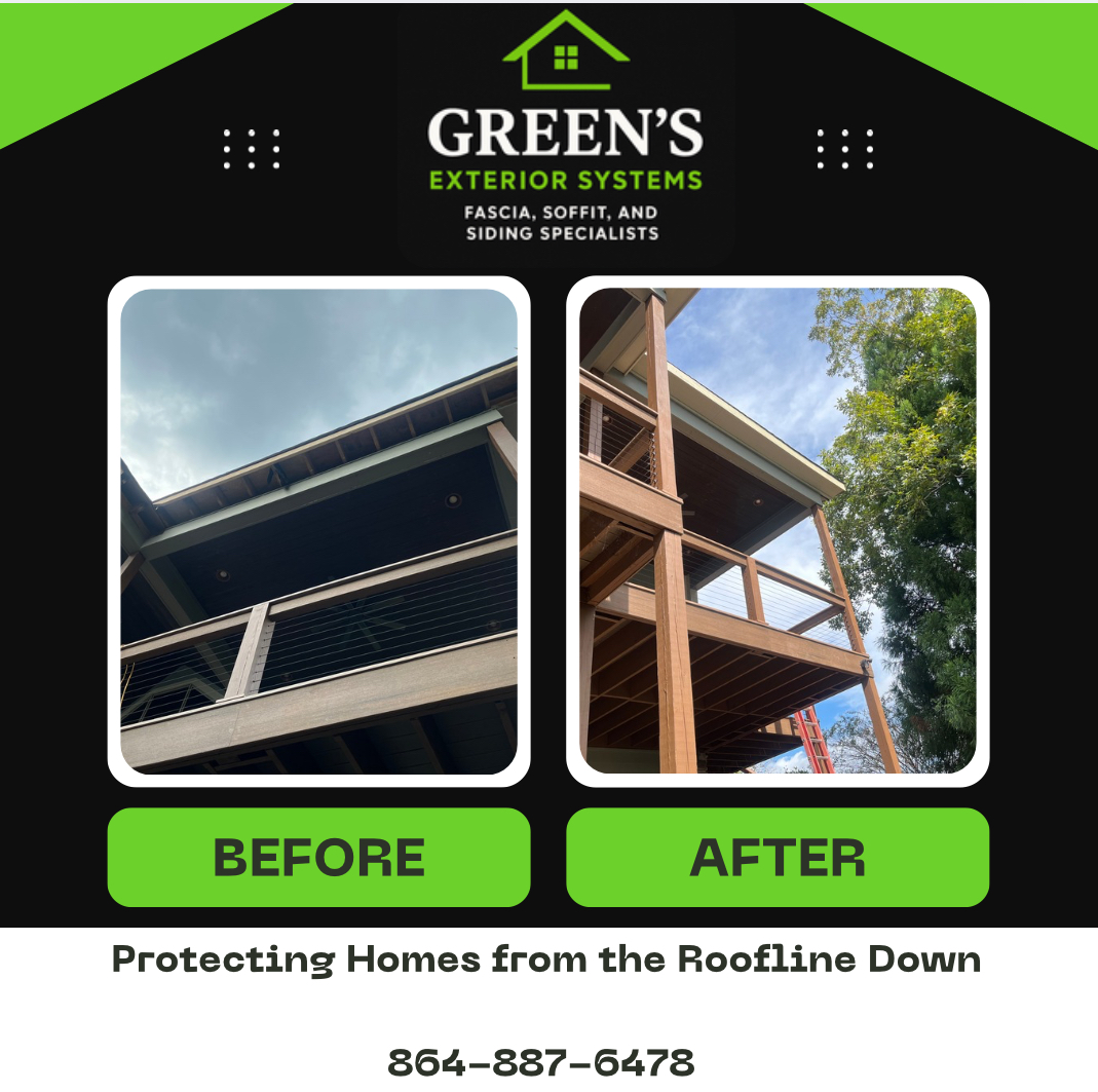 Before and after fascia and soffit work on upper deck